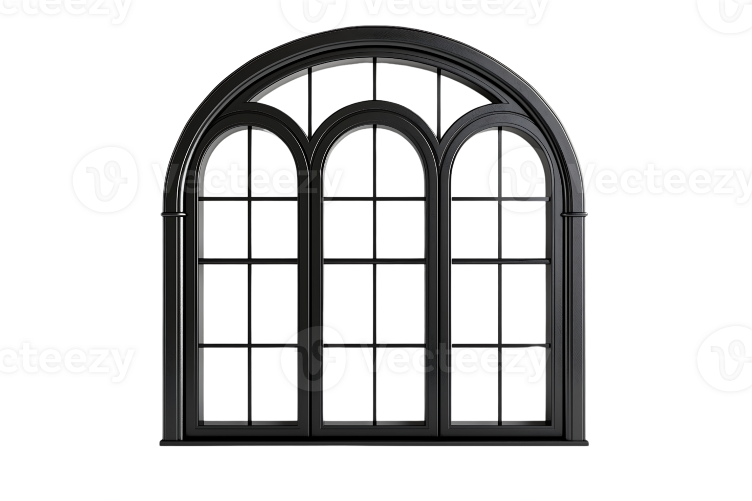 black arched window with a fanlight and multiple panes isolated on transparent background png