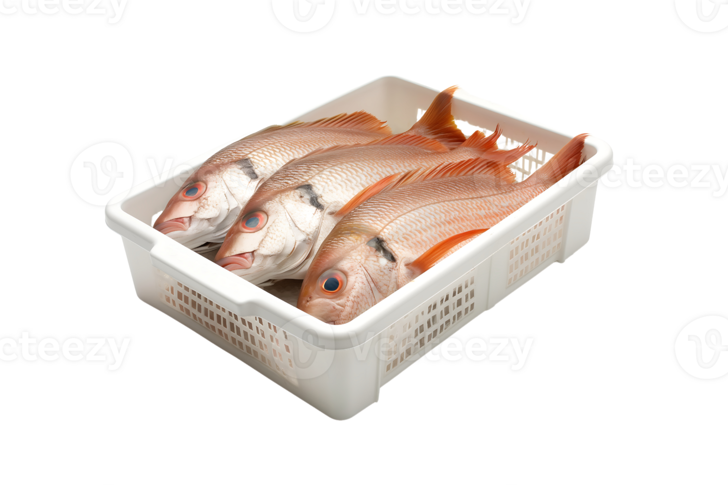 white plastic container holds three fresh fish isolated on transparent background png