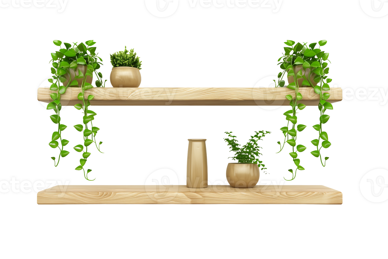 wooden shelf with multiple potted plants and a vase isolated on transparent background png