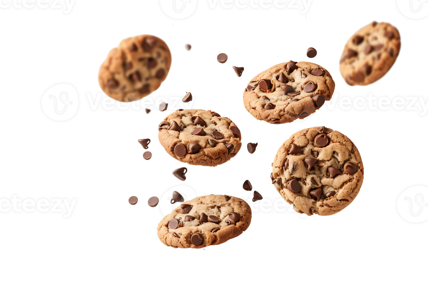 chocolate chip cookies suspended in mid air isolated on transparent background png
