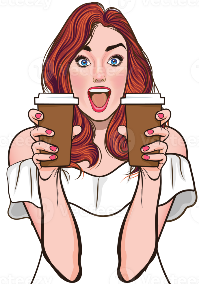 pop art comics cartoon expression character with cup of coffee,beverage png