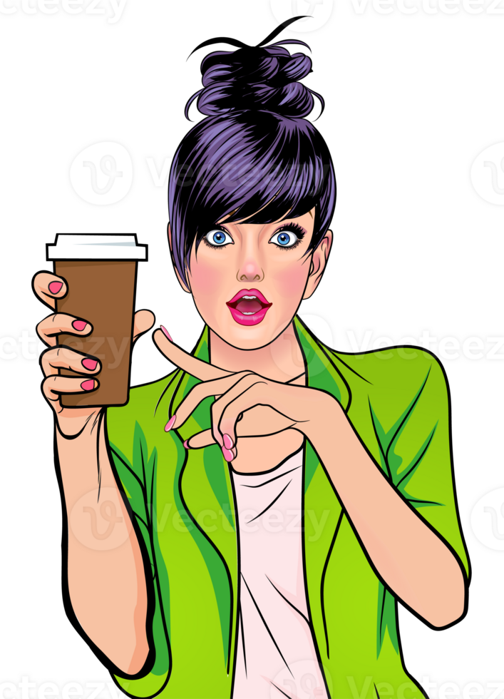 pop art comics cartoon expression character with cup of coffee,beverage png