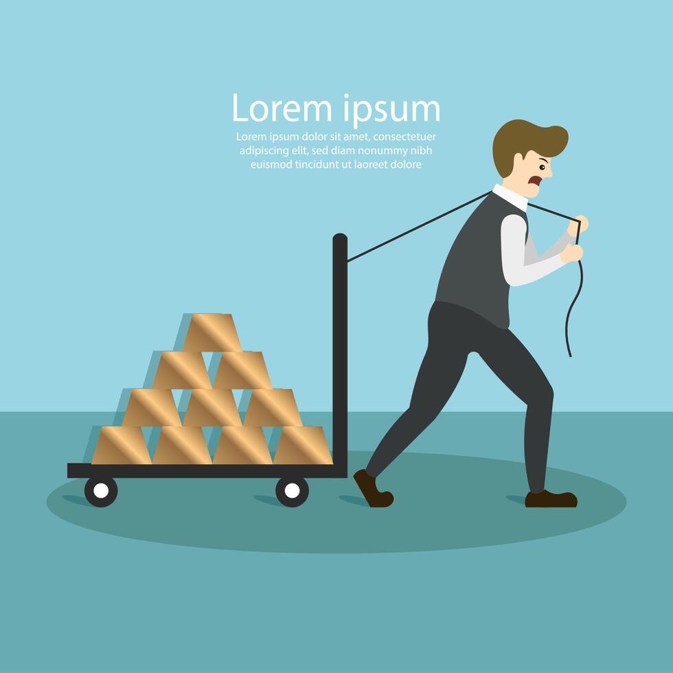 Business man are pulling cart full of Gold. Teamwork Concept vector