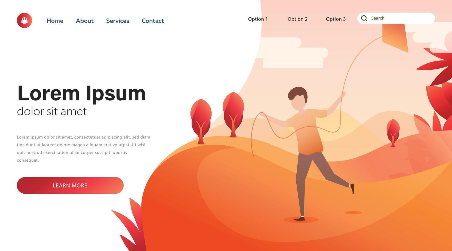 Landing page template of Lifestyle Landing Page. Young man flying a kite in the park. vector