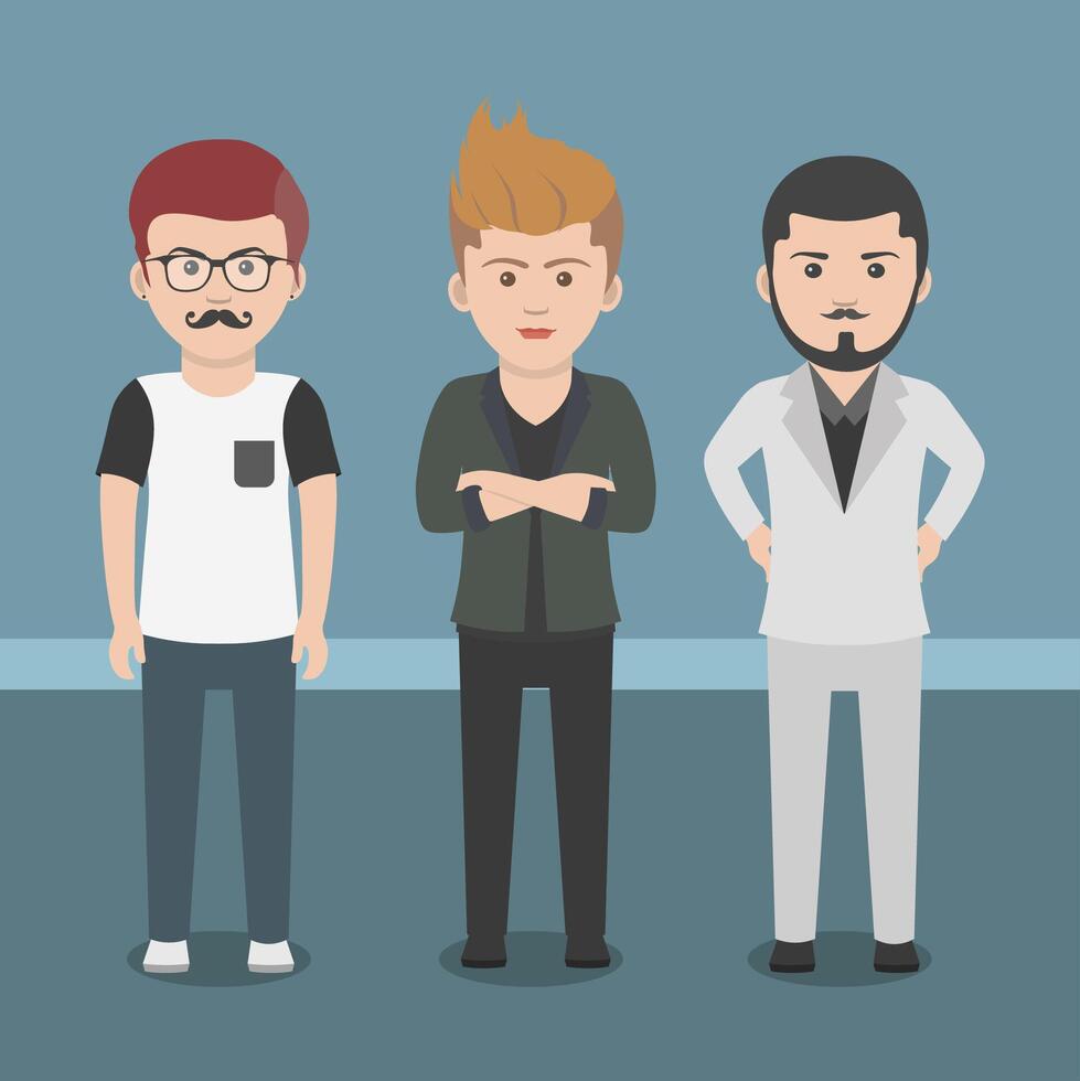 Three boys standing in front of each other flat style. vector