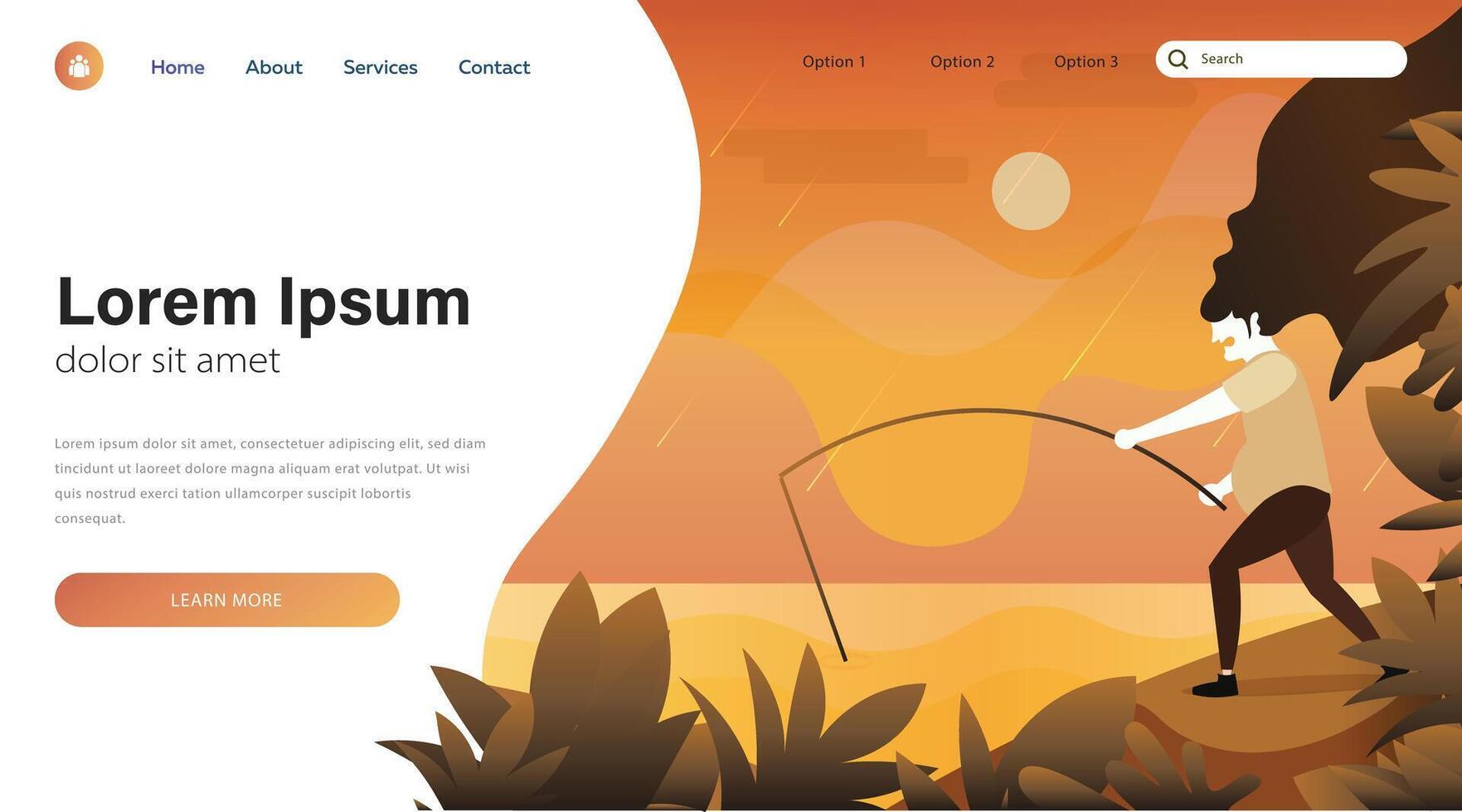 Landing Page Template of Lifestyle Landing Page. Man fishing with rod. vector