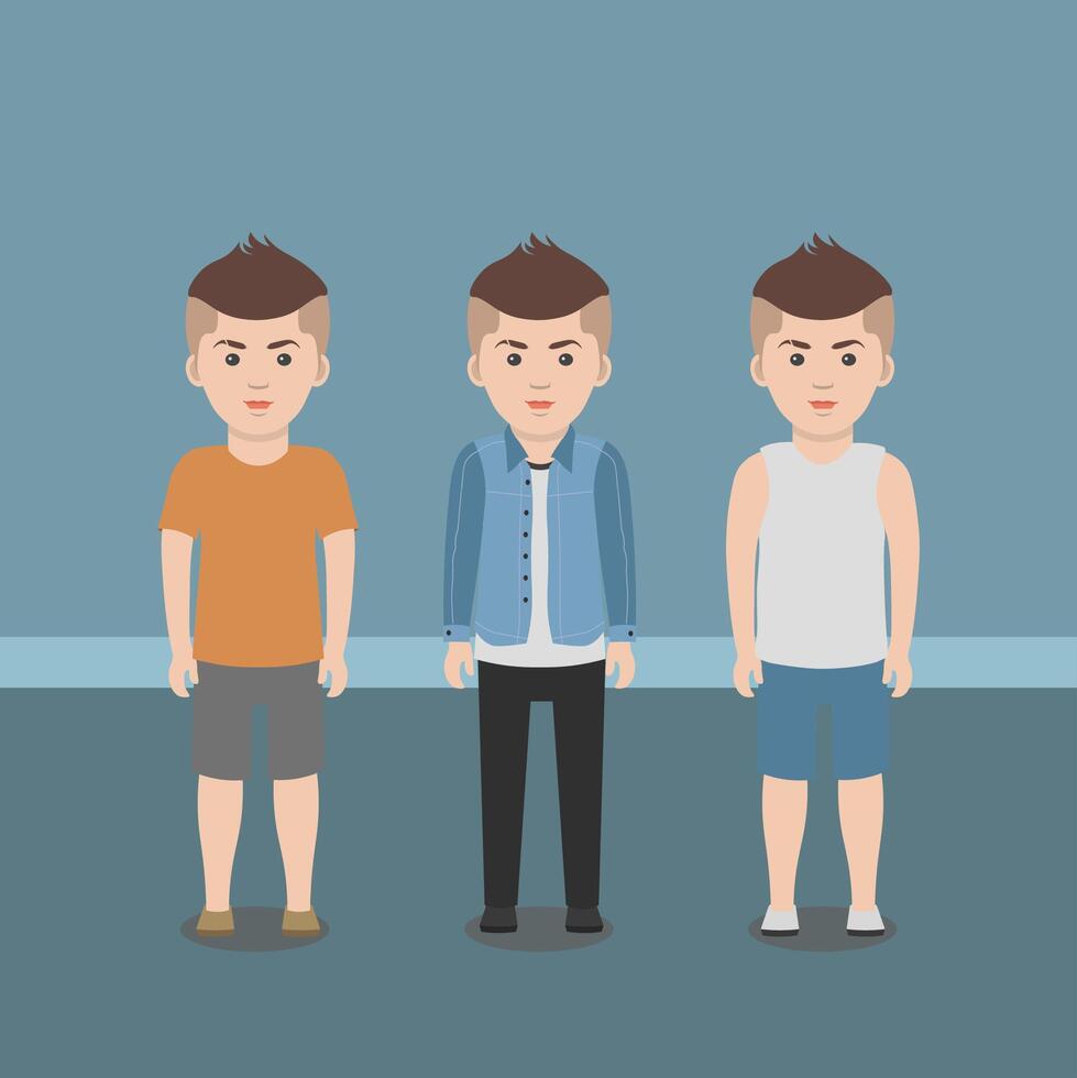 Three boys standing in front of each other flat style. vector