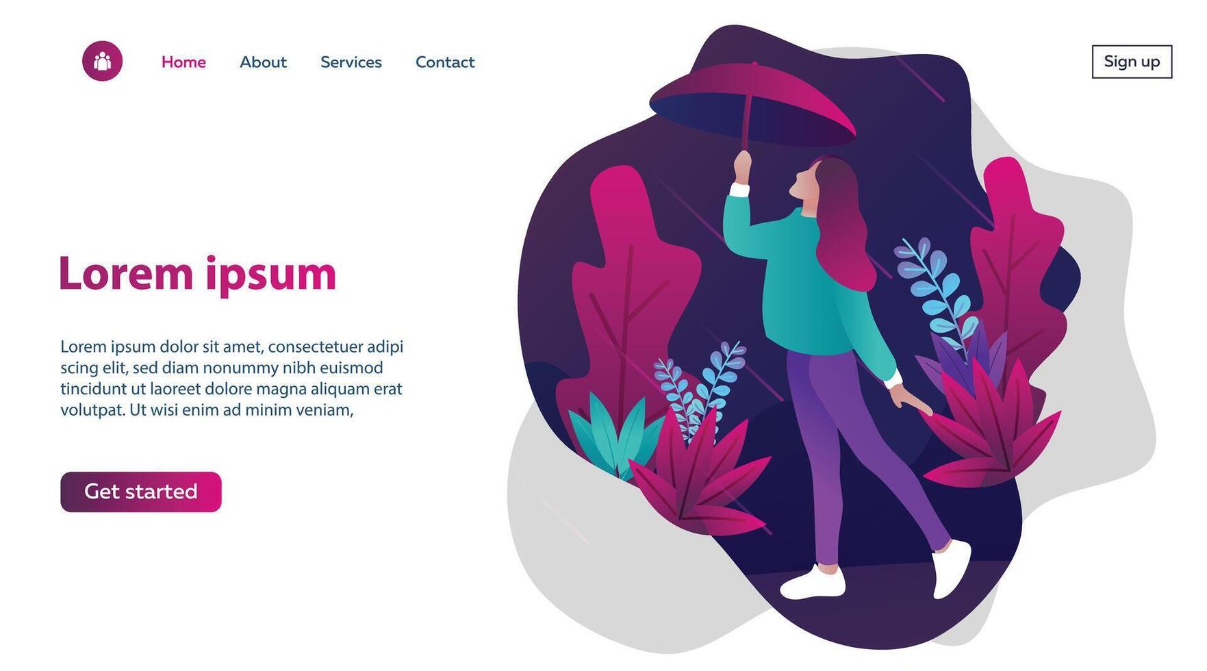 Landing page template of Leisure plan. Female character with umbrella standing in the jungle. vector