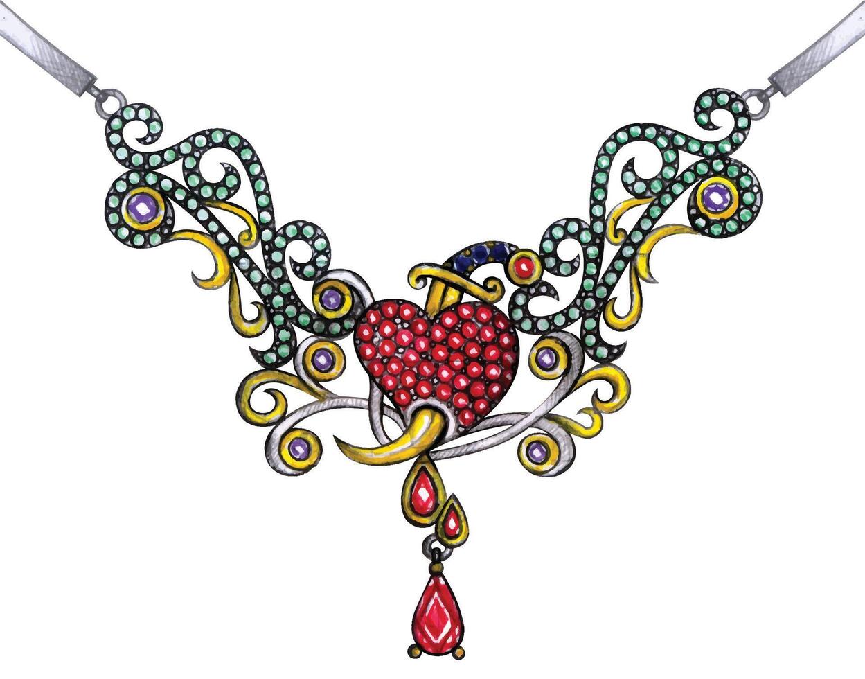Jewelry design vintage heart set with green and red sapphire sketch by hand drawing on paper and make graphic . vector