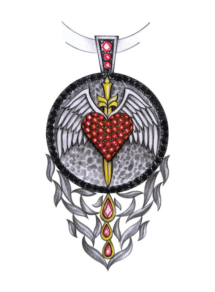 Jewelry design fancy wibgs heart pendant sketch by hand drawing on paper and make graphic . vector
