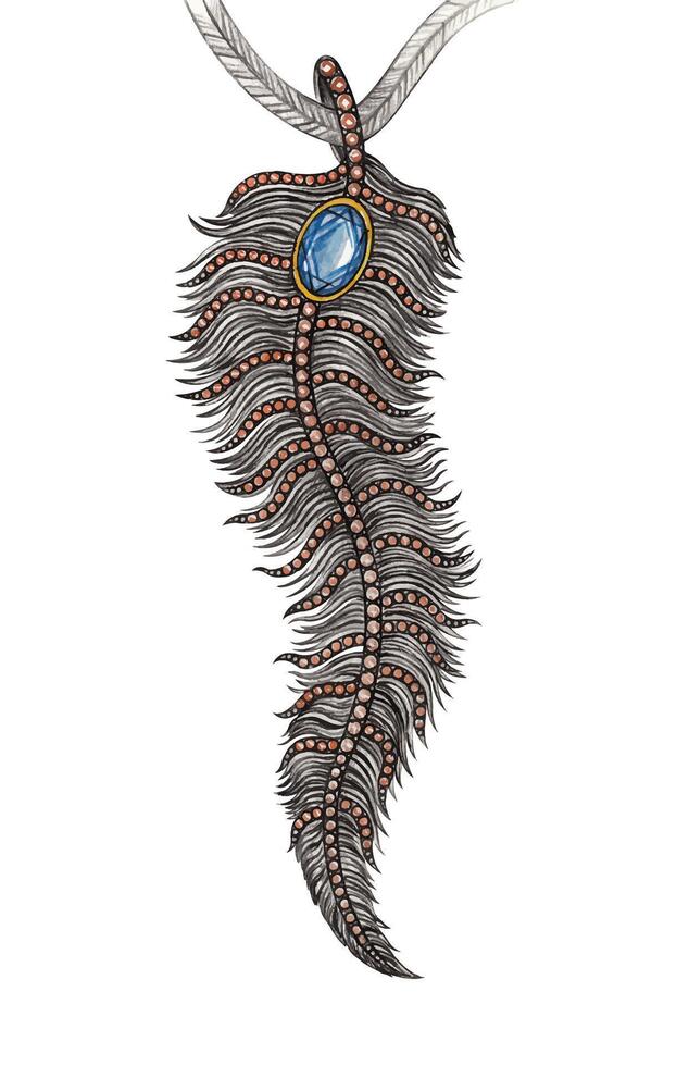 Jewelry design fancy feather eye pendant sketch by hand drawing on paper make graphic . vector
