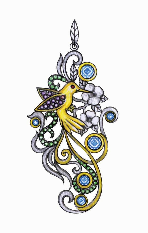 Jewelry design vintage art mix nature pendant sketch by hand drawing on paper and make graphic . vector
