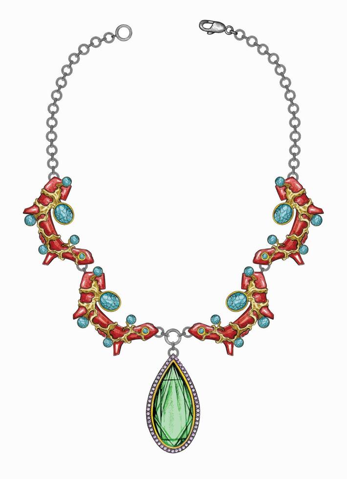 Jewelry design fancy coral and gems necklace sketch by hand drawing on paper make graphic . vector