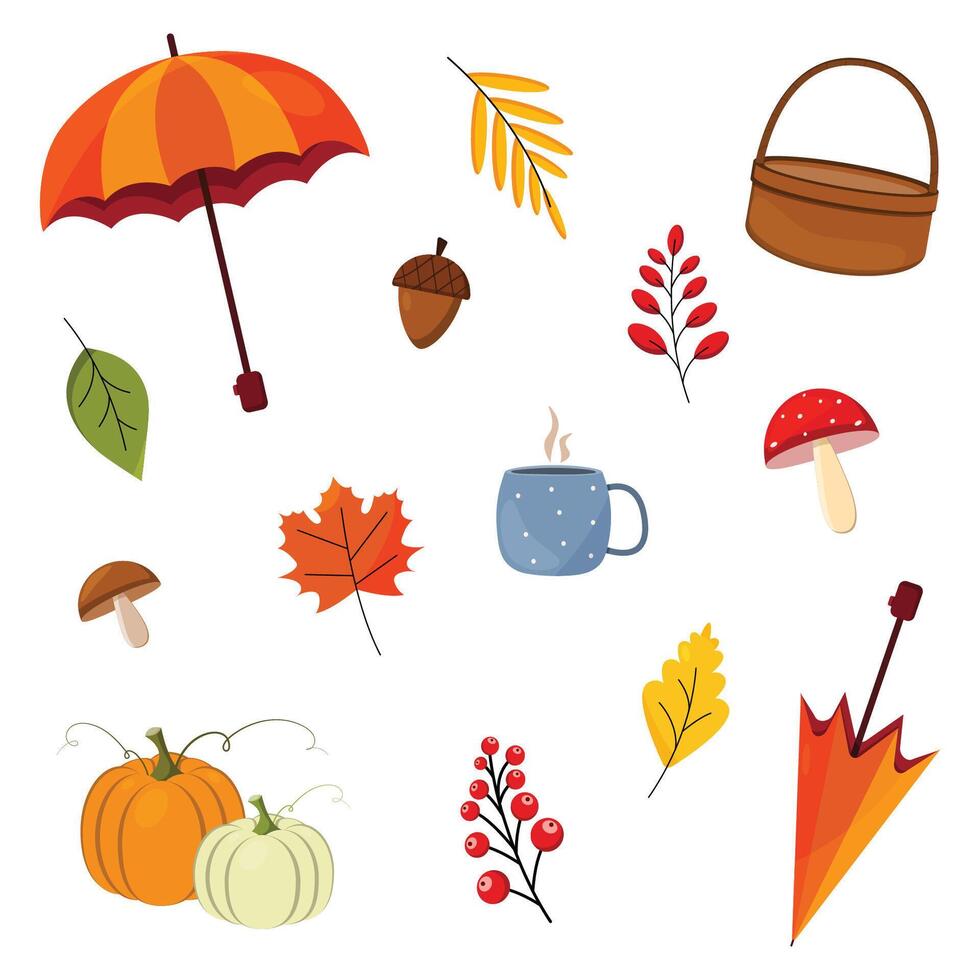 A set of autumn elements. Autumn icons. Leaves, mushrooms, basket, pumpkin, berries, acorn, cup, umbrellas. Flat illustration. vector