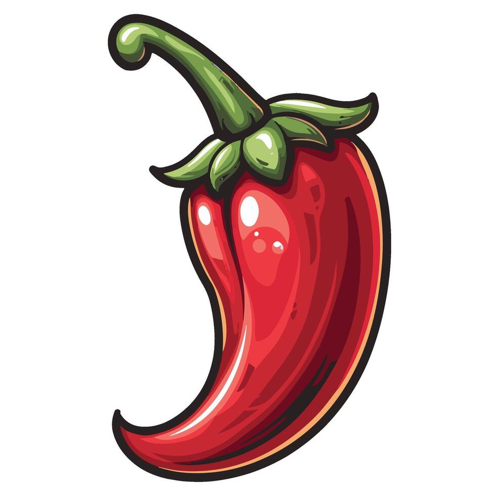 Red chili pepper with green stem and leaves cartoon illustration , vector