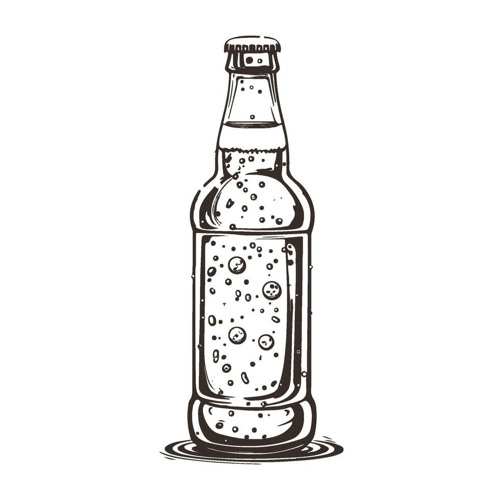 Line drawing of a full bottle of beer with bubbles , vector