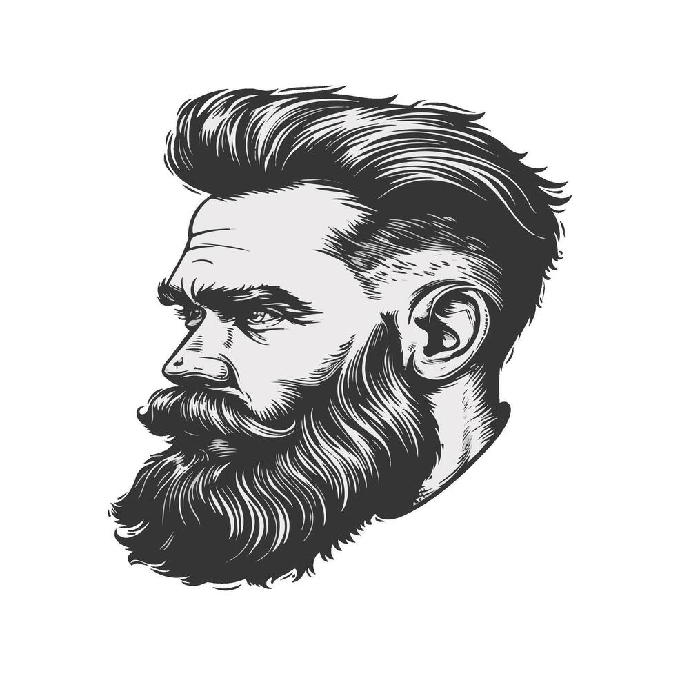 Man with neatly styled hair and thick beard ,barbershop symbol logo , vector