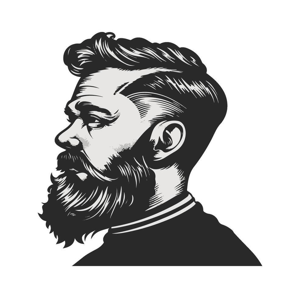 Man with neatly styled hair and thick beard ,barbershop symbol logo , vector