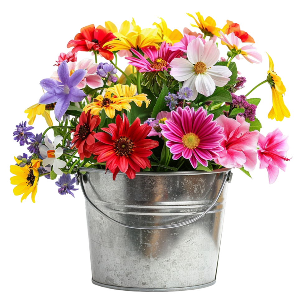 A bucket brimming with a variety of fresh flowers, adding a touch of nature's beauty to any space. Genereted AI png