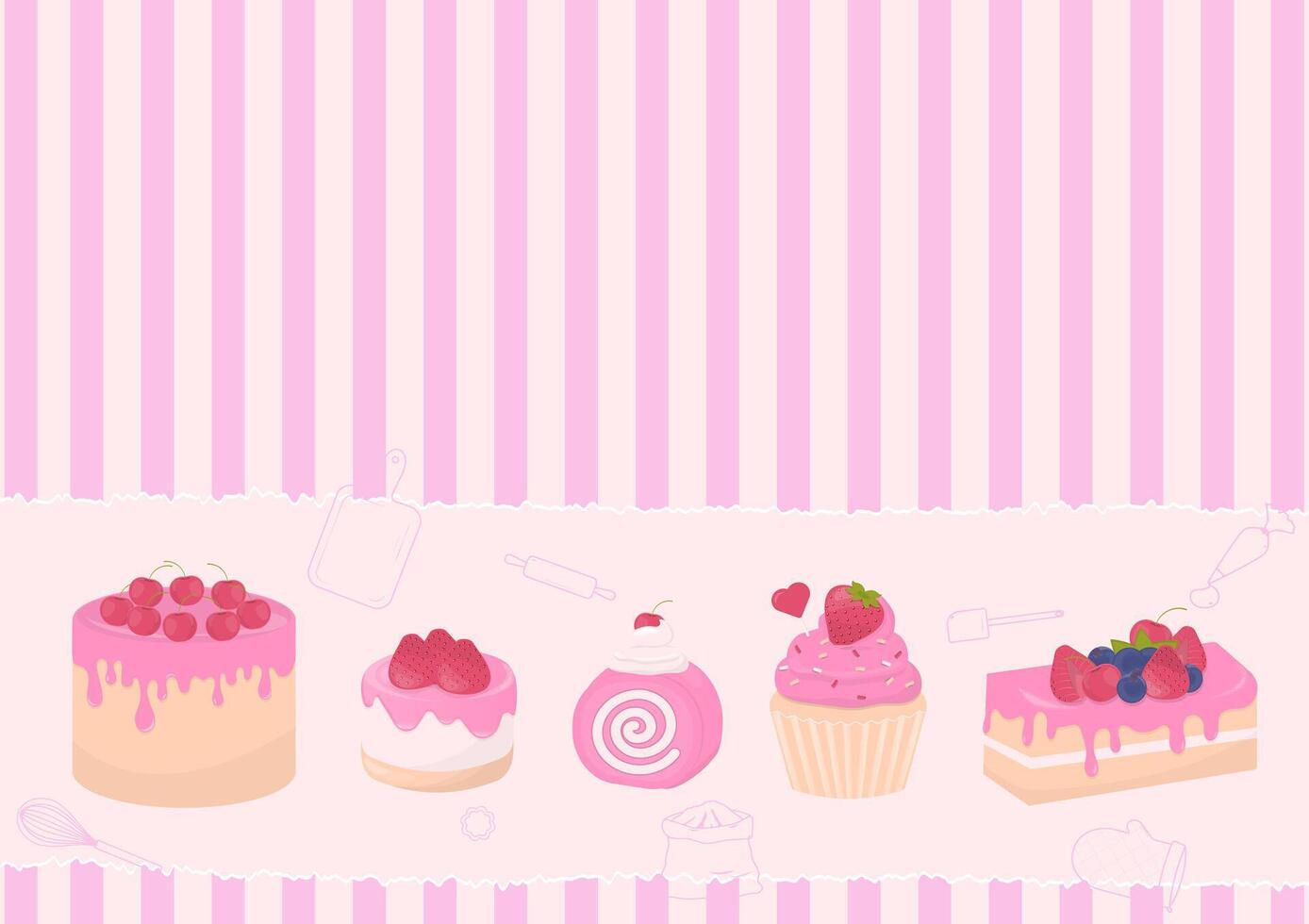 Strawberry cake with striped background vector