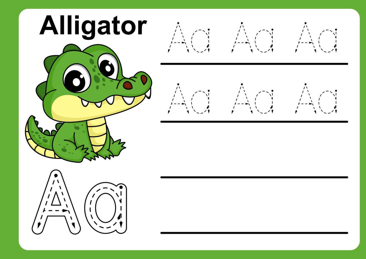 Animal Alphabet Letter A for Alligator. colorful ABC alphabet trace practice worksheet vector