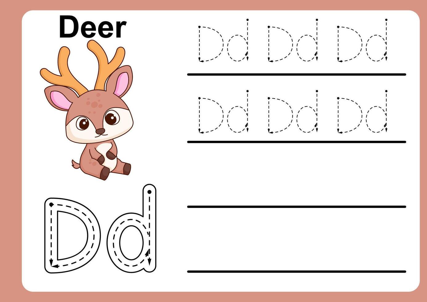 Animal Alphabet Letter D for Deer. colorful ABC alphabet trace practice worksheet vector