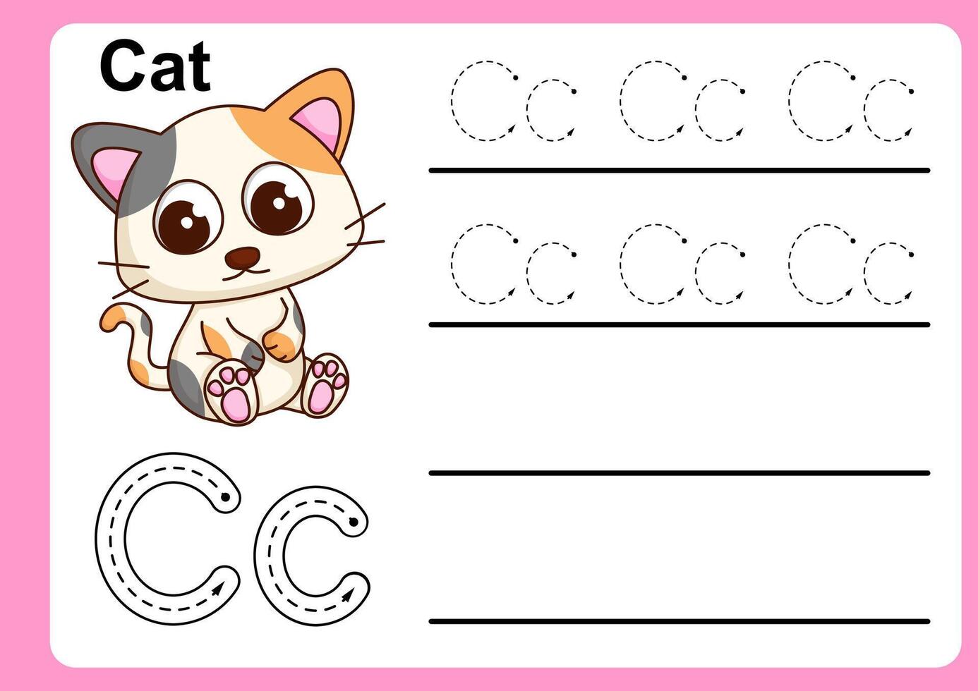 Animal Alphabet Letter C for Cat. colorful ABC alphabet trace practice worksheet vector