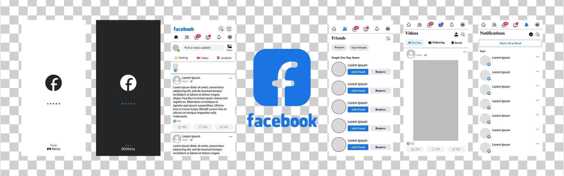 Facebook mockup. Set screen social media and network interface template. Editorial vector