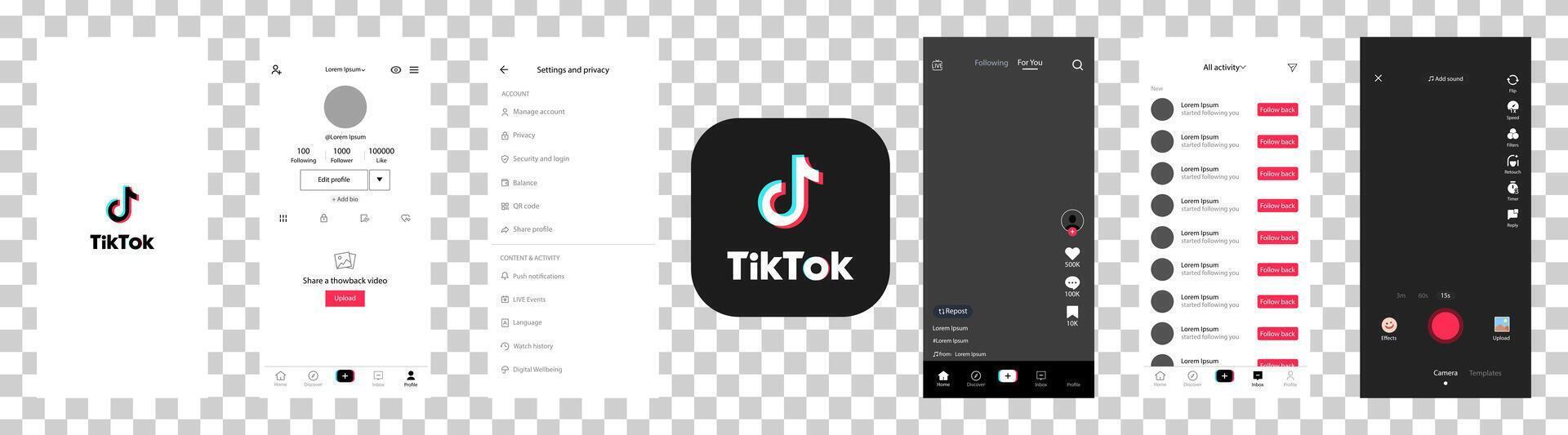 TikTok mockup. Set screen social media and network interface template. Editorial vector