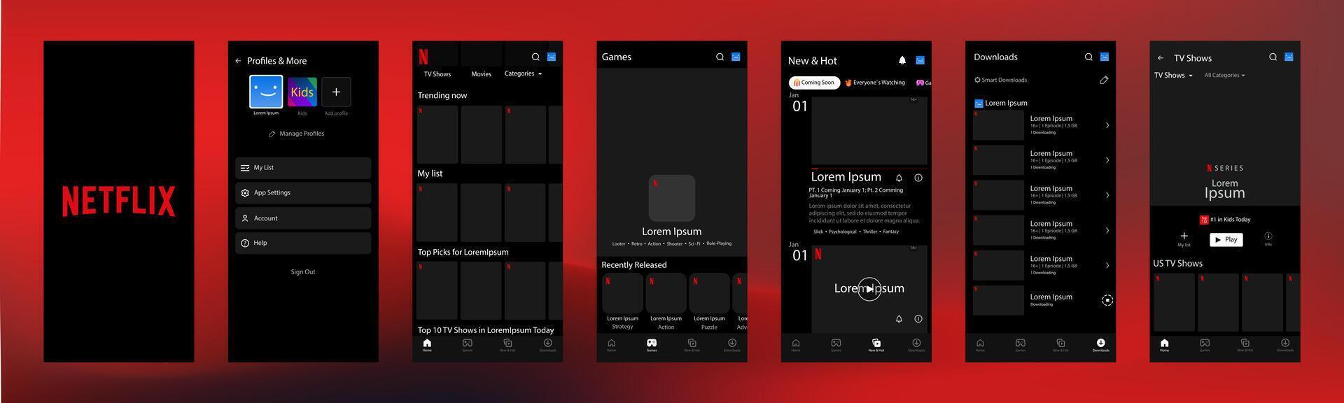 Netflix interface. Netflix screen social media, social network interface template. Homepage, netflix, new and hot, subscription, profile. Gradient background. Editorial vector