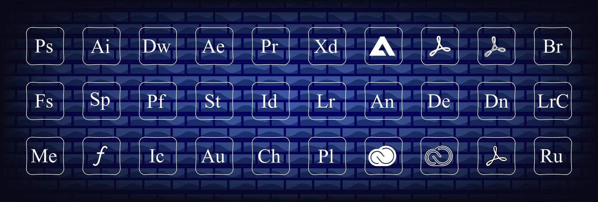 Adobe application logotype. adobe, illustrator, photoshop, creative cloud, after effects, lightroom vector