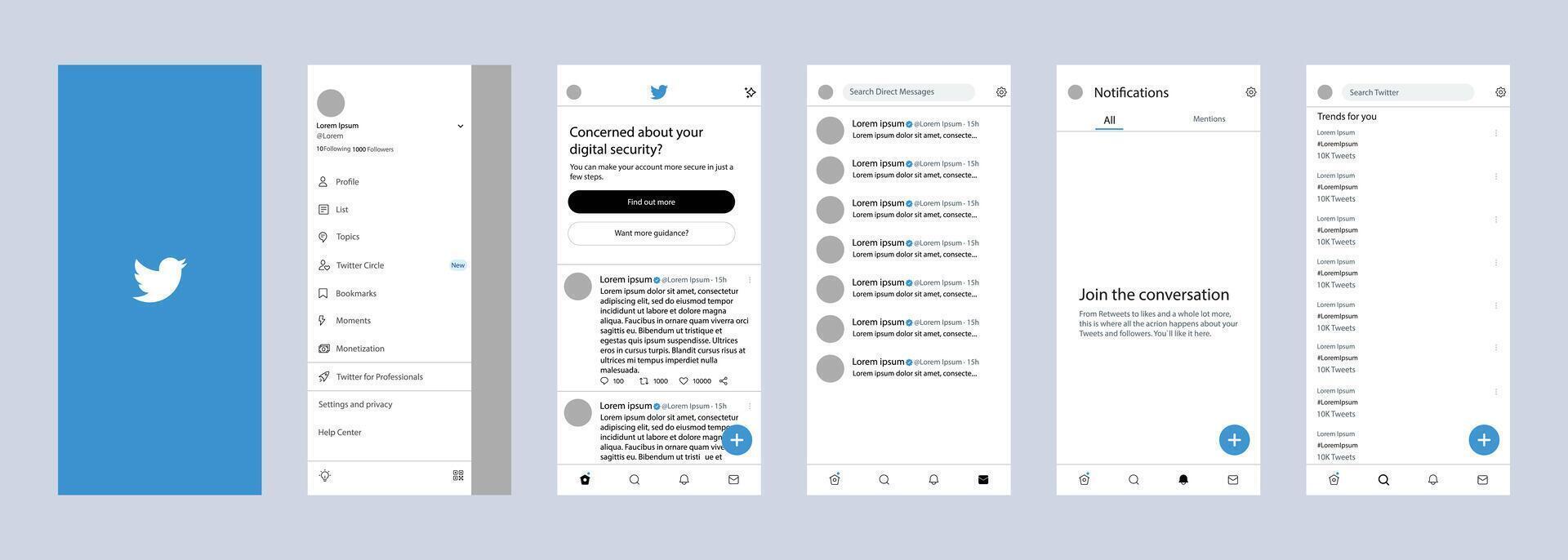 Twitter mobile interface. Twitter screen social media, social network interface template. Homepage, logo, bird. notofications, search, trends. Editorial vector