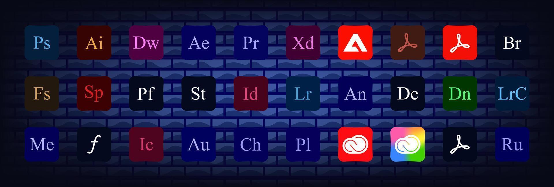 Adobe application logotype. adobe, illustrator, photoshop, creative cloud, after effects, lightroom vector