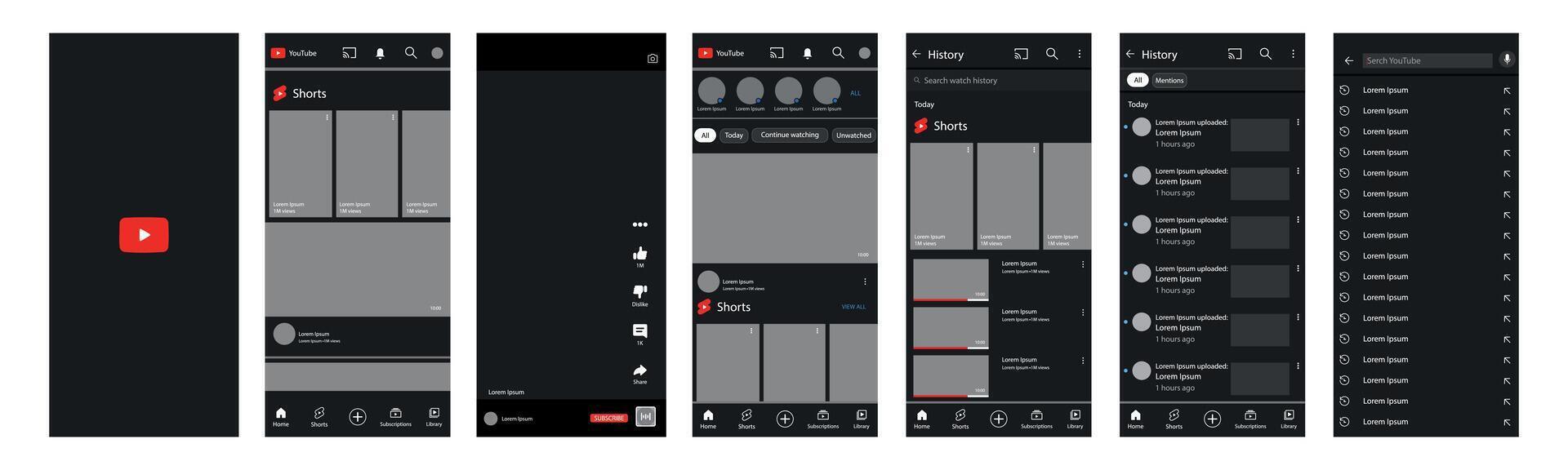 YouTube interface. You Tube screen social media, social network interface template. Homepage, logo, recommendations, subscription, profile. Stream, stories, liked, screenshot. Editorial vector