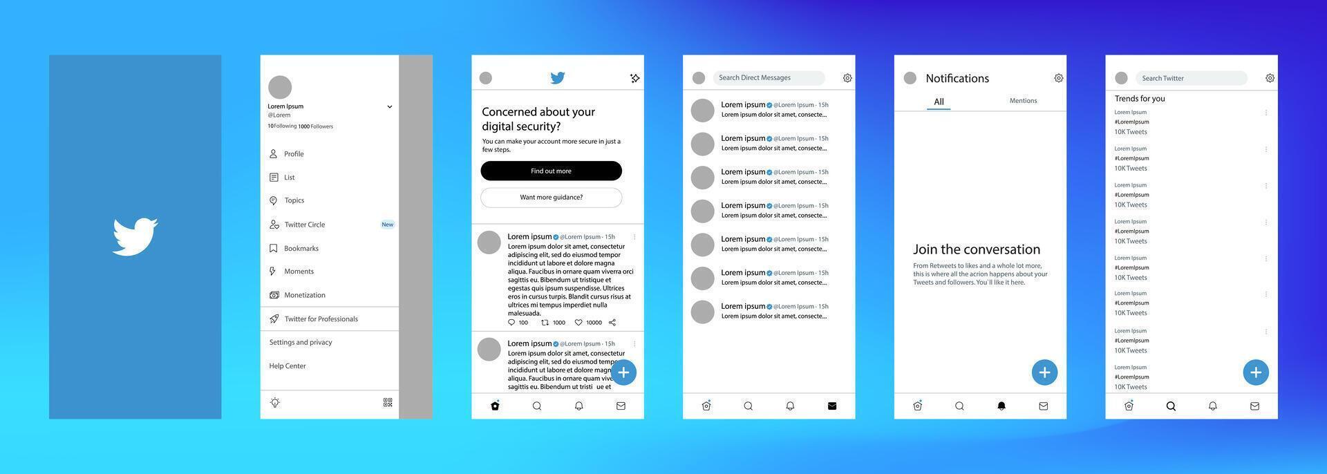 Twitter mobile interface. Twitter screen social media, social network interface template. Homepage, logo, bird. notofications, search, trends. Template of iphone 14. Editorial vector