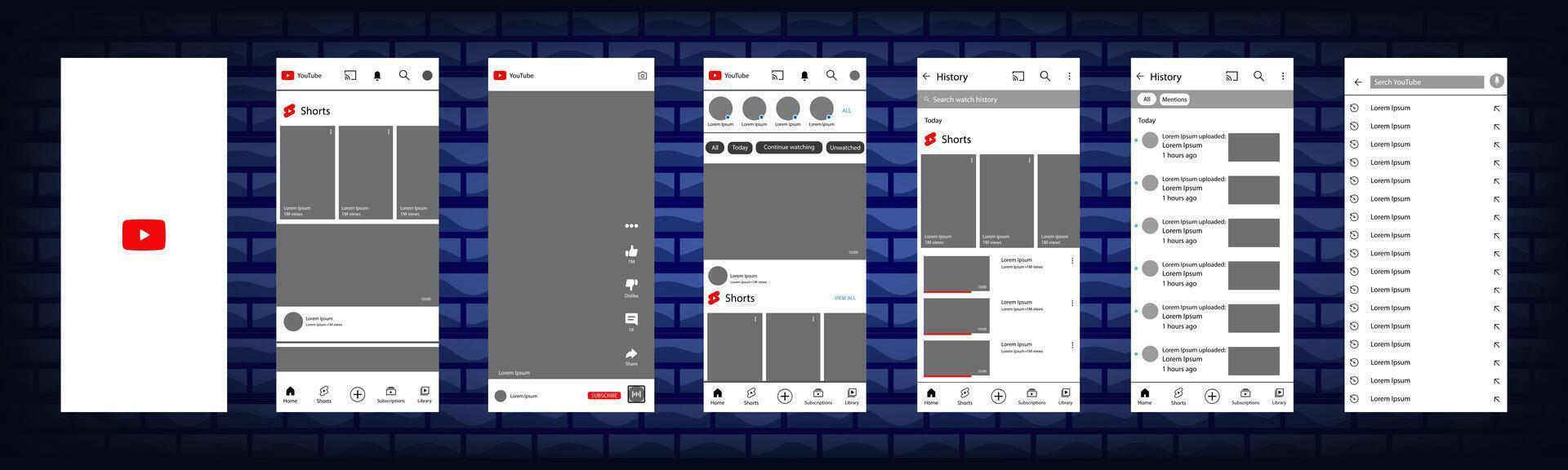 YouTube interface in Iphone. You Tube screen social media, social network interface template. Homepage, youtube, recommendations, subscription, profile. Template of iphone 14. Editorial vector