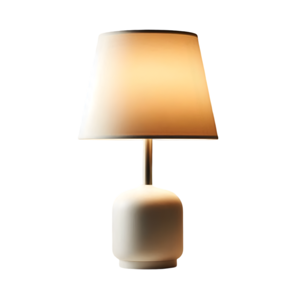 Lamp on a table with a white shade in yellowish color on transparent background png