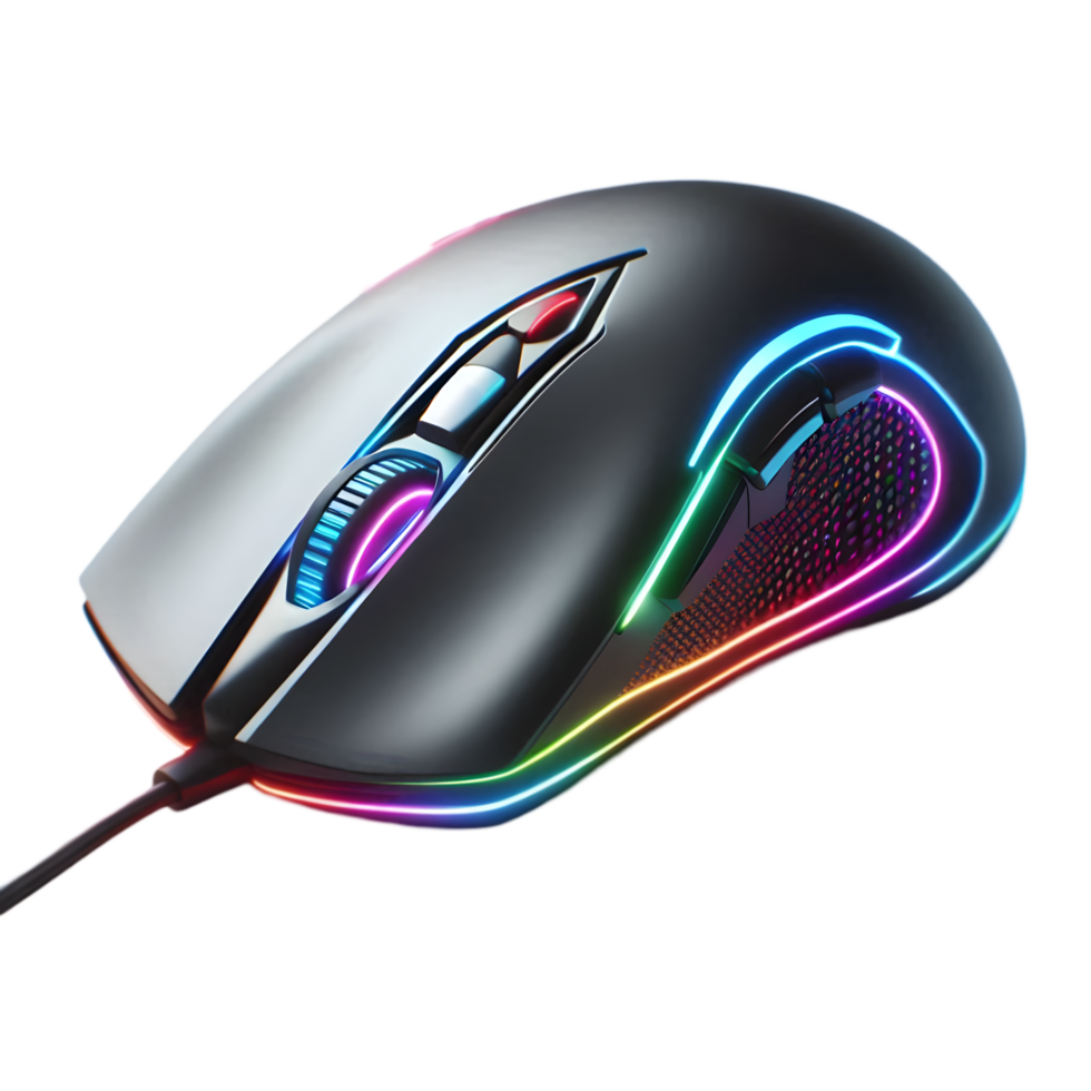 Black gaming mouse with a rainbow light isolated from background