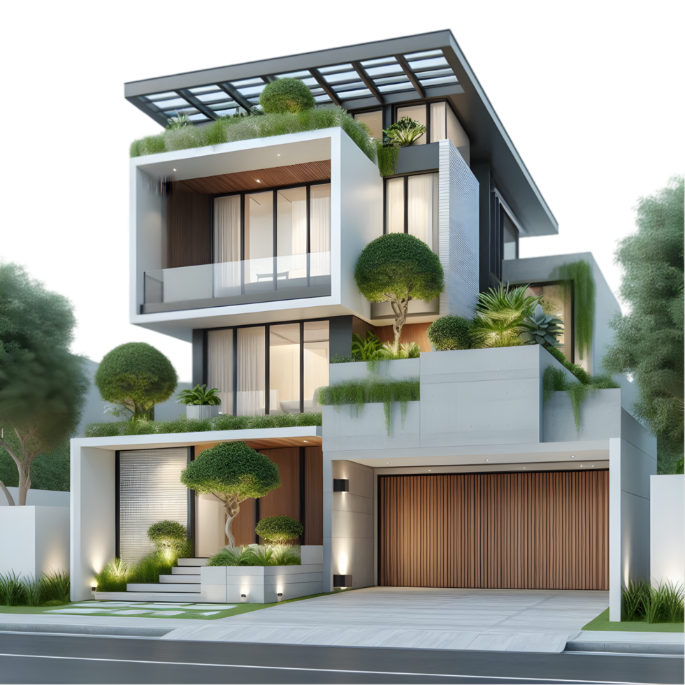 Modern house with plants on the front and side isolated from background png