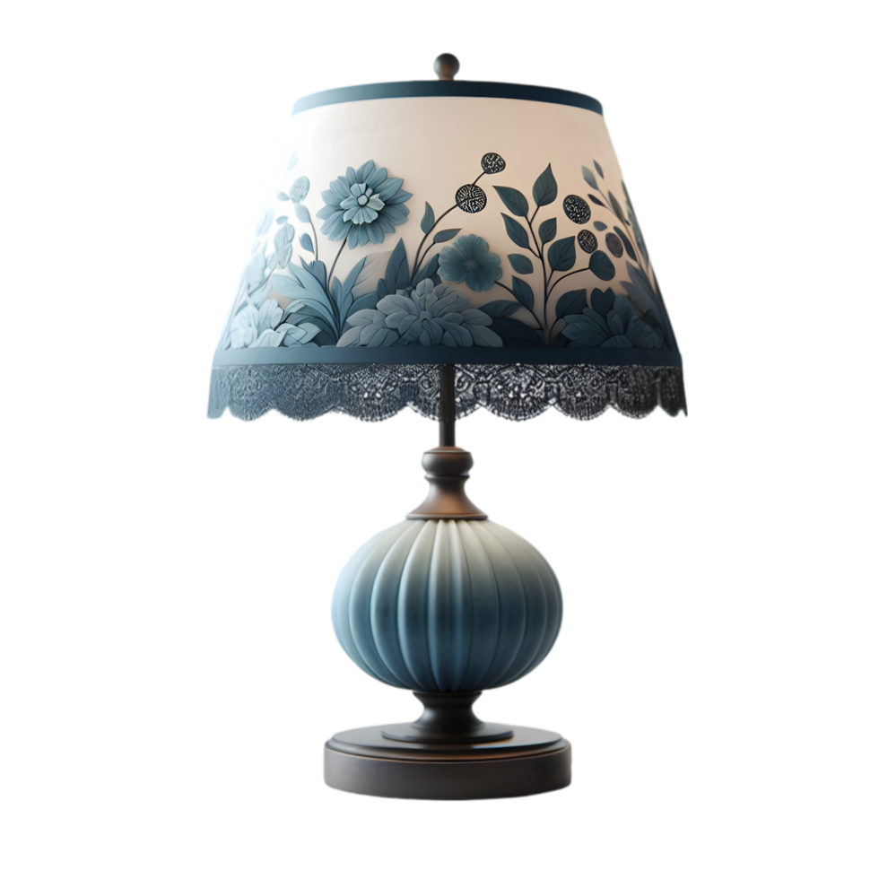 Blue lamp of floral pattern with a white shade isolated from background png
