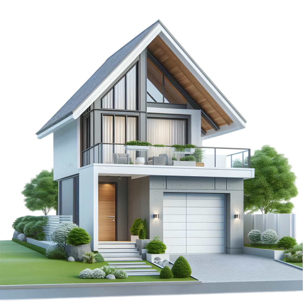Modern house with garage and balcony on a residential street isolated from background png