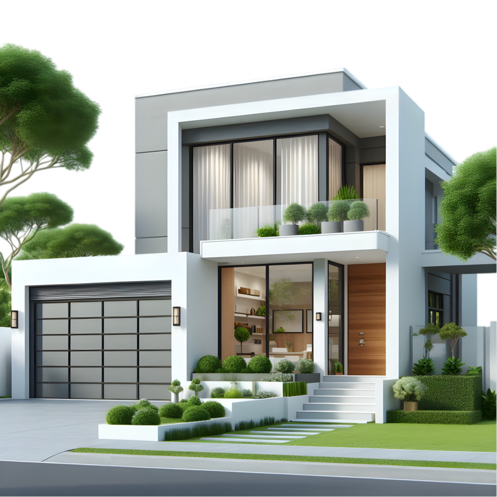 Modern house with trees and plants on the side isolated from background png