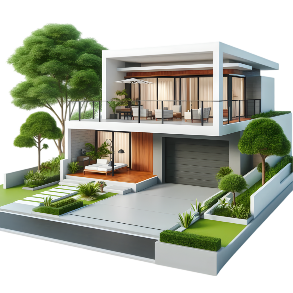 Modern house with trees and plants on the side isolated from background png