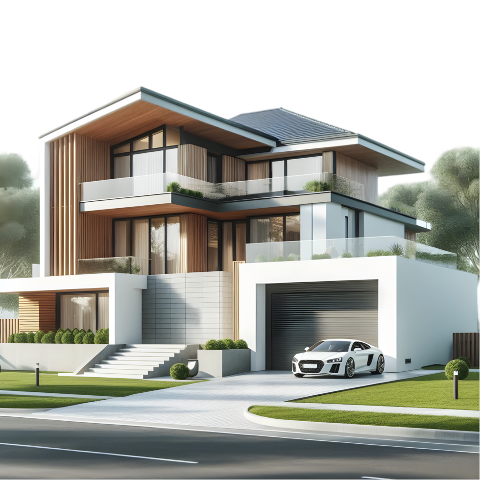 Modern house with car in front of garage on the street isolated from background png