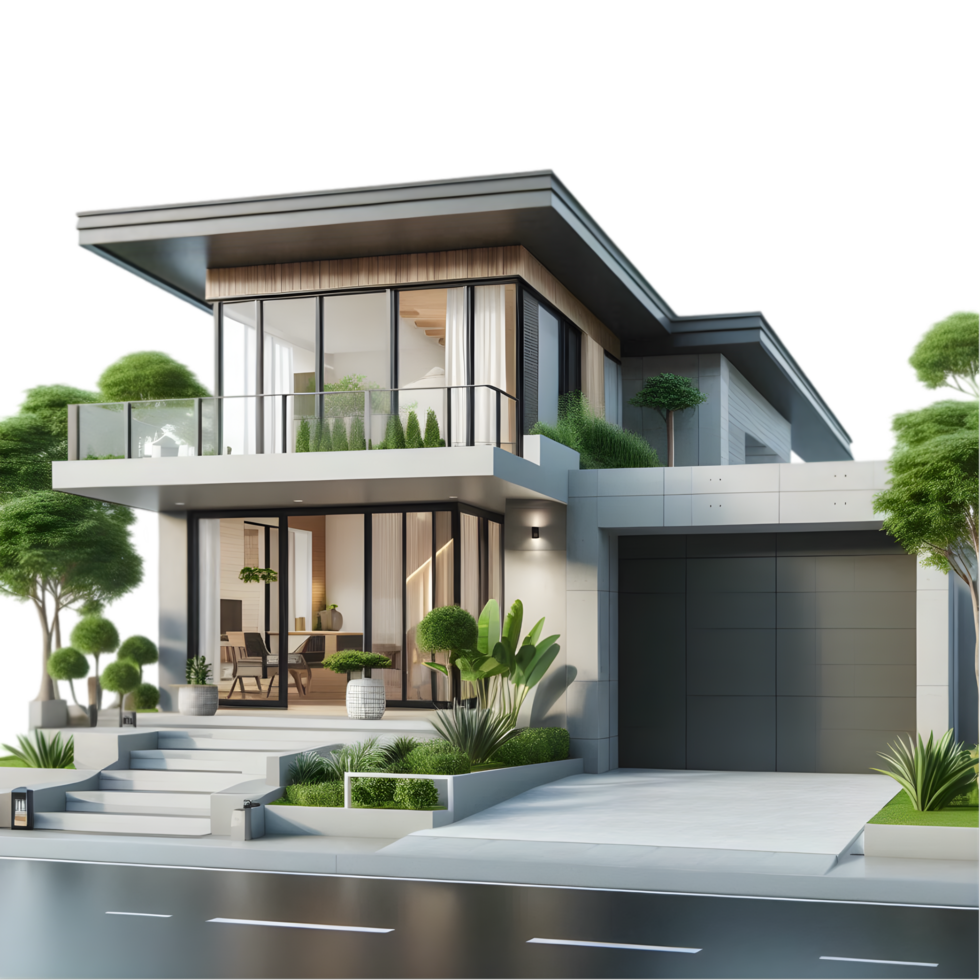 Modern house with trees and plants on the side isolated from background png