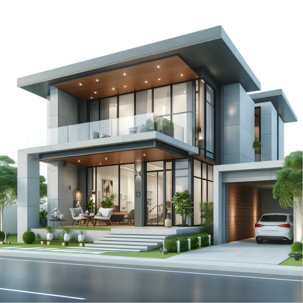 Modern house with car parked in front of garage isolated from background png