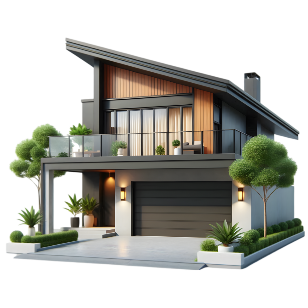 Modern house with garage and plants on the side isolated from background png