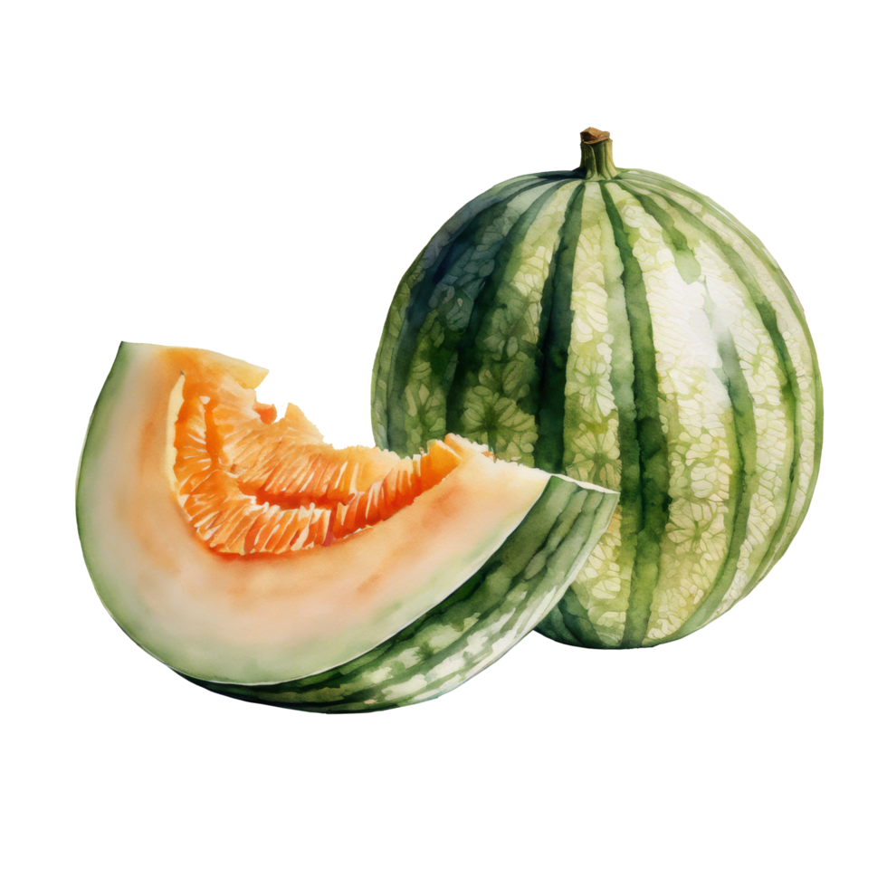 Watercolor fresh of melon or cantaloupe fruit cartoon clip art element illustration. Ai-generated png