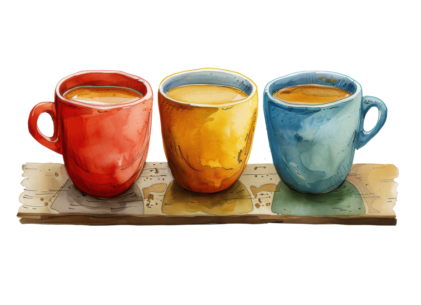 watercolor homemade hot of coffee in colorful ceramic cups on wooden plate clip art element illustration. Ai-generated png