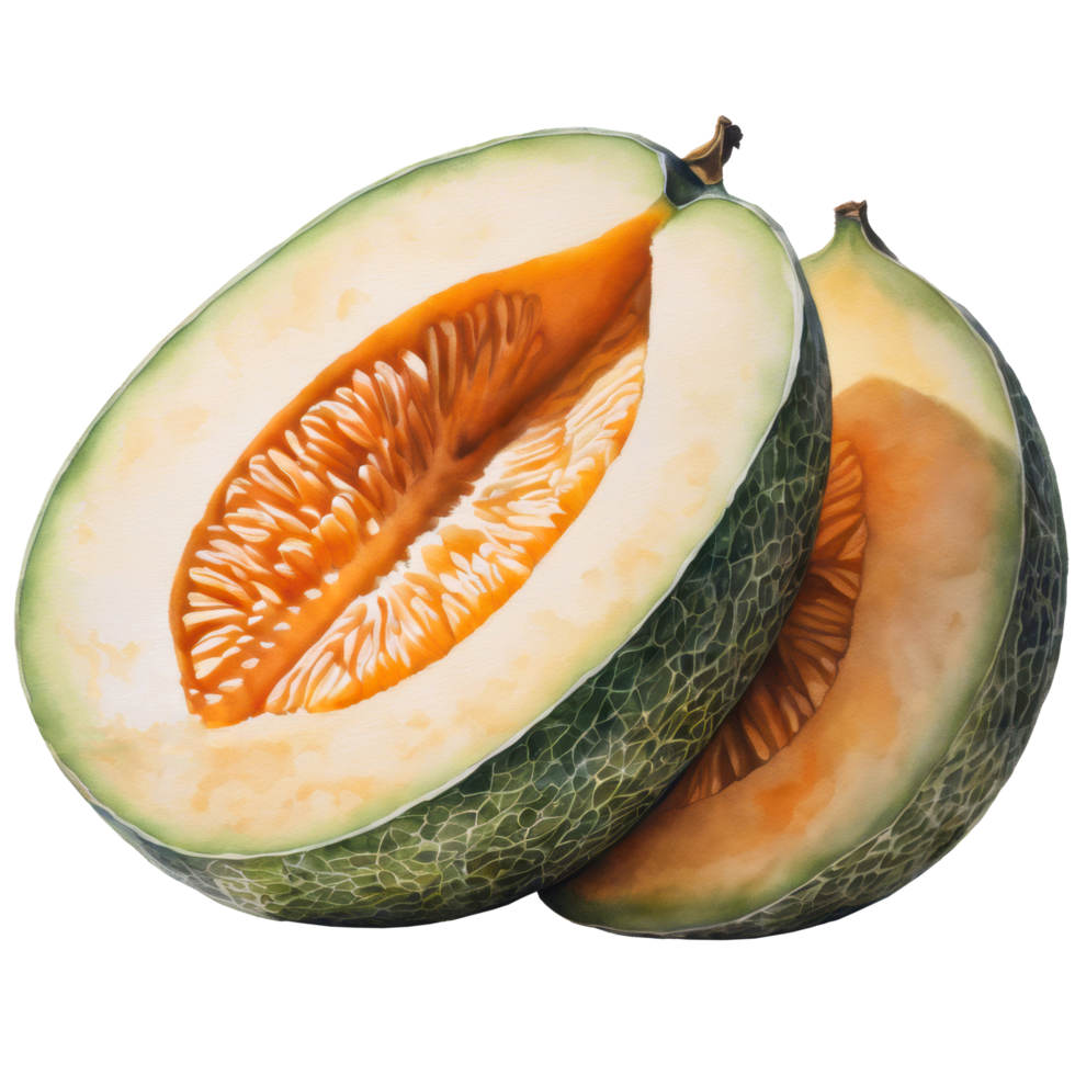 Watercolor fresh piece of melon or cantaloupe fruit cartoon clip art element illustration. Ai-generated png